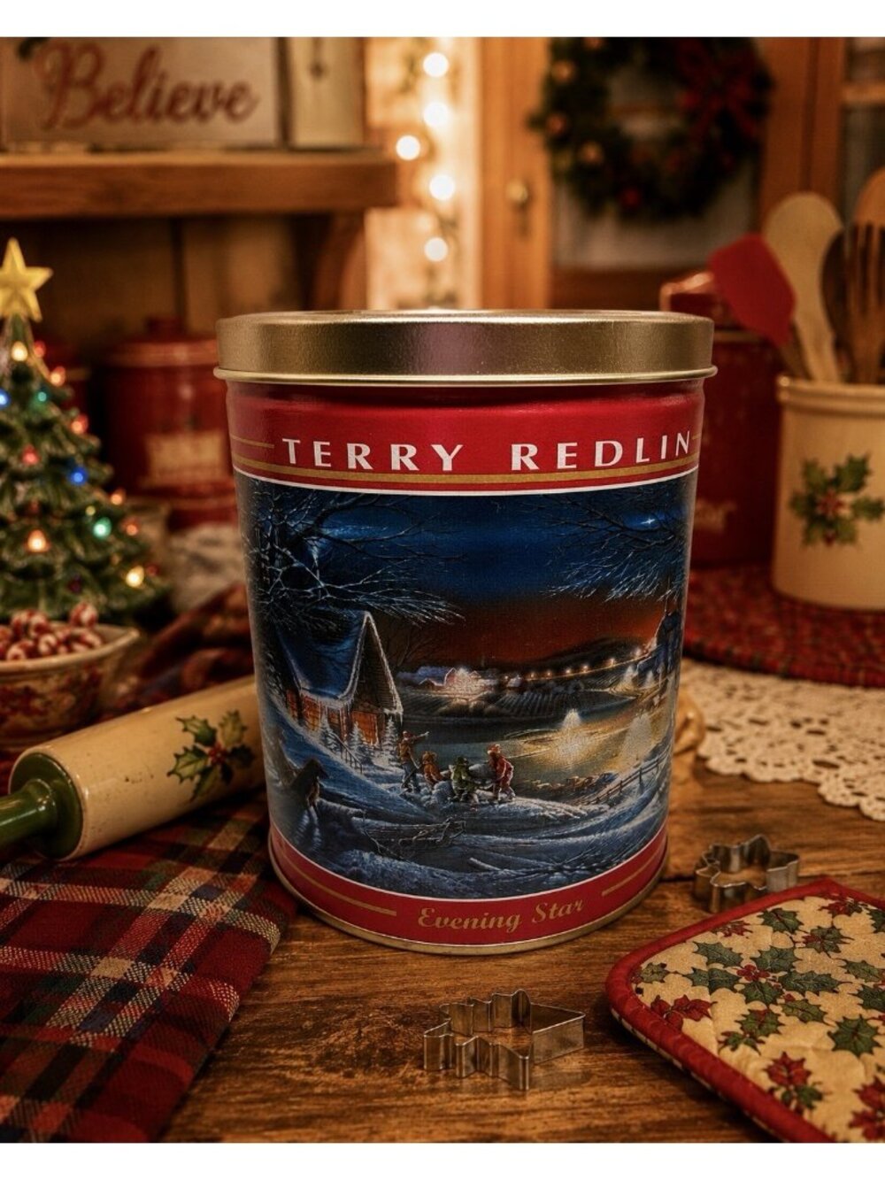Terry Redlin Evening Star Tin Empty Vintage Style Christmas Winter Holiday Decor